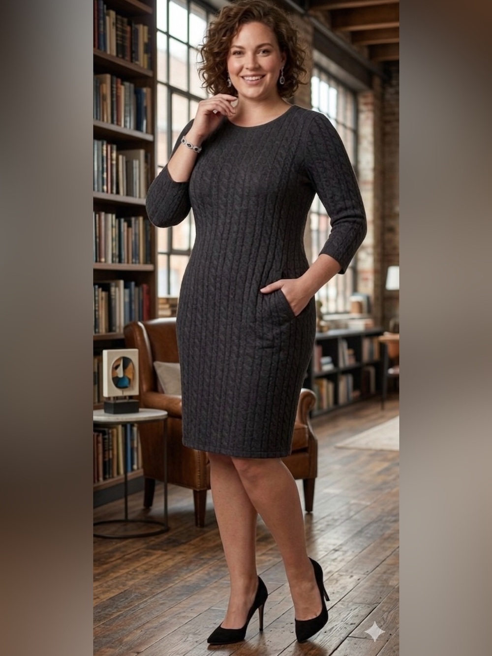 Sharagano EUC Cable knit black textured sheath dress w/two slant pockets size 10
